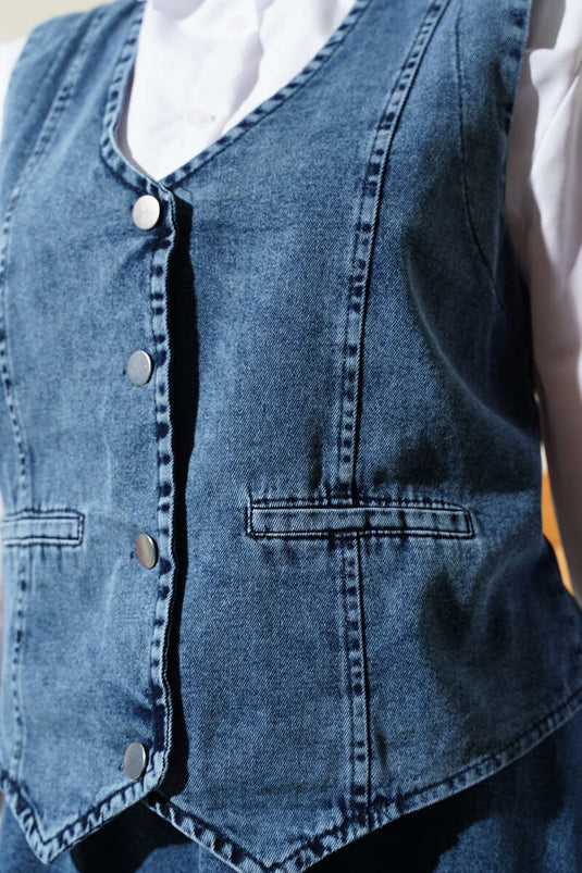Vest and Skirt Denim Three-Piece Suit Denim Blue