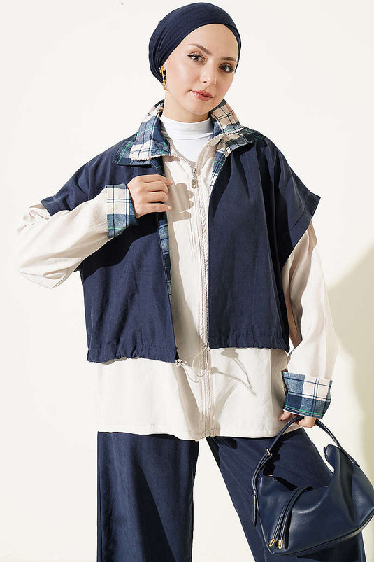 Navy Belted Vest Set With Zipper