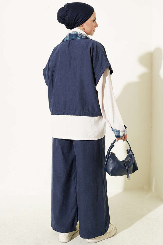 Navy Belted Vest Set With Zipper