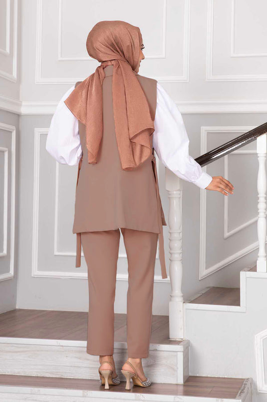 Yelekli İkili Tesettür Takım Camel