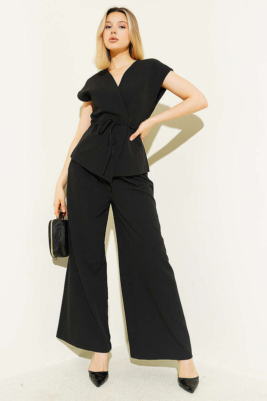Ensemble Deux Pièces Noir avec Ceinture Cordon et Gilet
