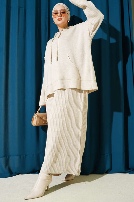 فستان جيليه محبوك من قطعتين، بيج