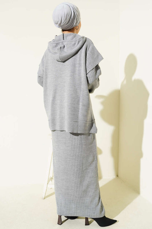Vested Gilet Dress Knitwear Two Piece Suit Gray