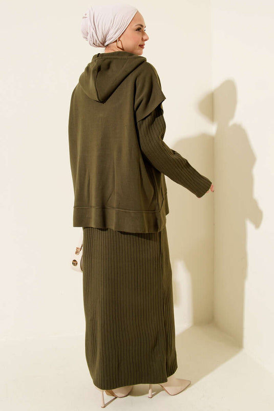 Yelekli Jile Elbise Triko İkili Takım Haki