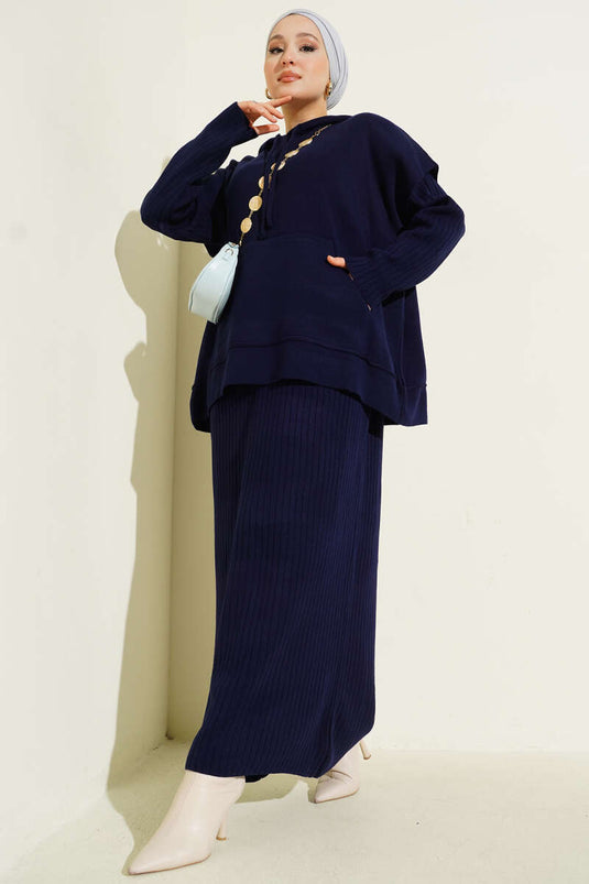 Vested Gilet Dress Knitwear Two Piece Suit Navy Blue