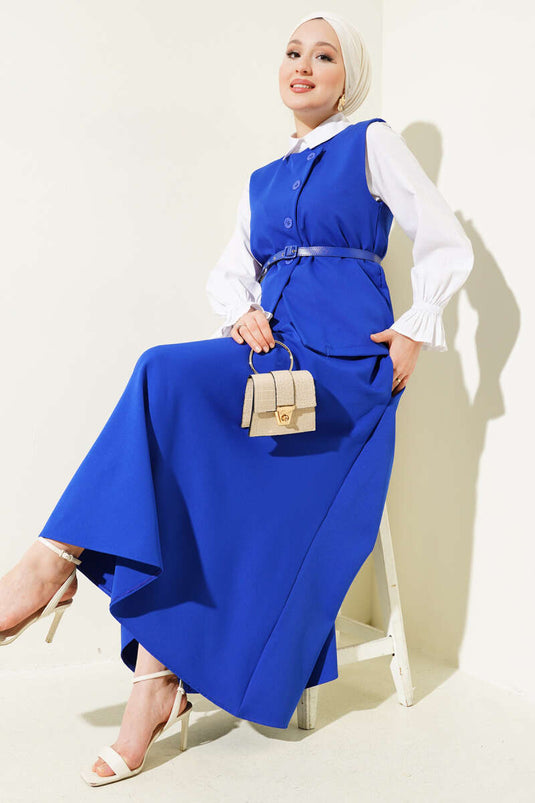 Yelekli Kemerli Etekli Basic İkili Takım Saks