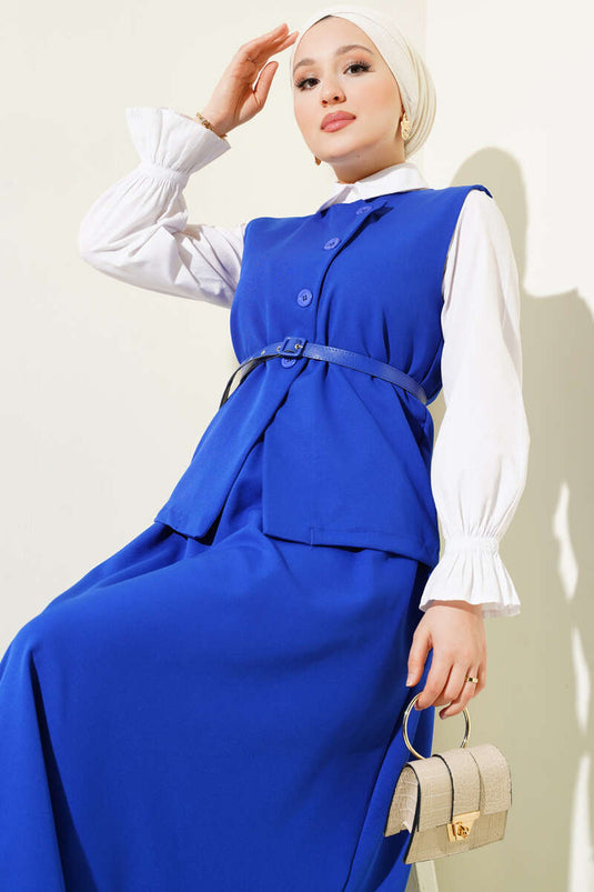 Yelekli Kemerli Etekli Basic İkili Takım Saks