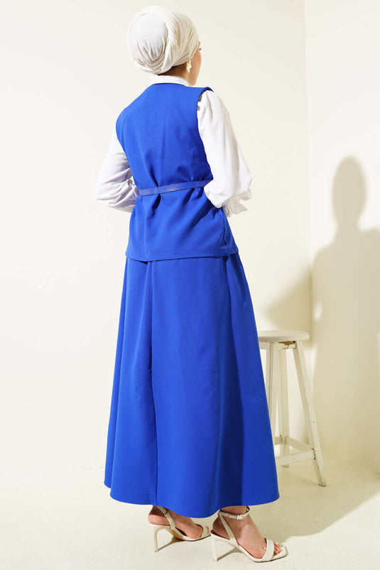 Yelekli Kemerli Etekli Basic İkili Takım Saks