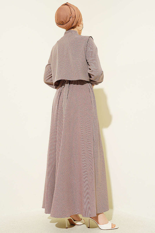 Dress with Vest, Checkered Pattern, Belted, Brown
