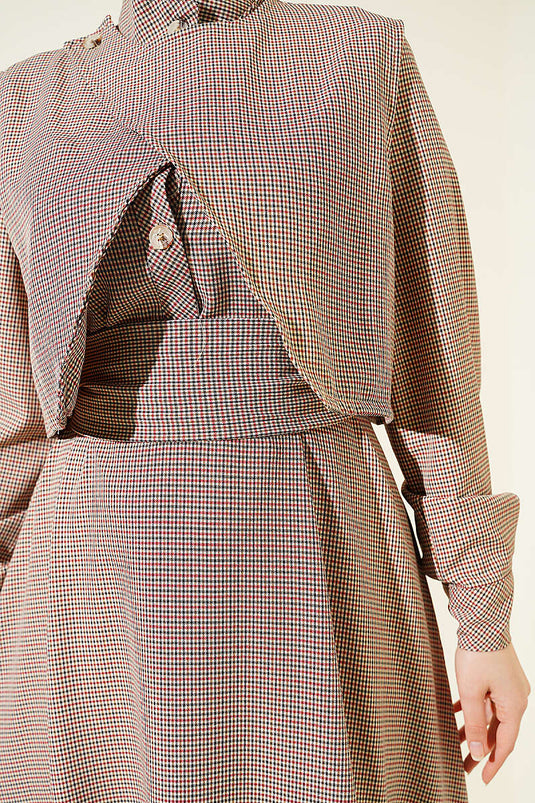 Dress with Vest, Checkered Pattern, Belted, Brown