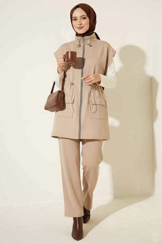 Yelekli Scuba İkili Takım Bej