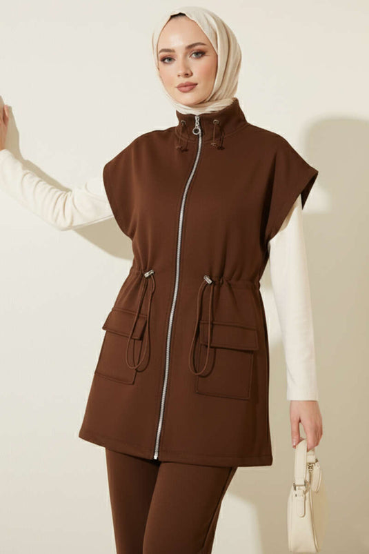 Belted Scuba Two-Piece Set In Coffee