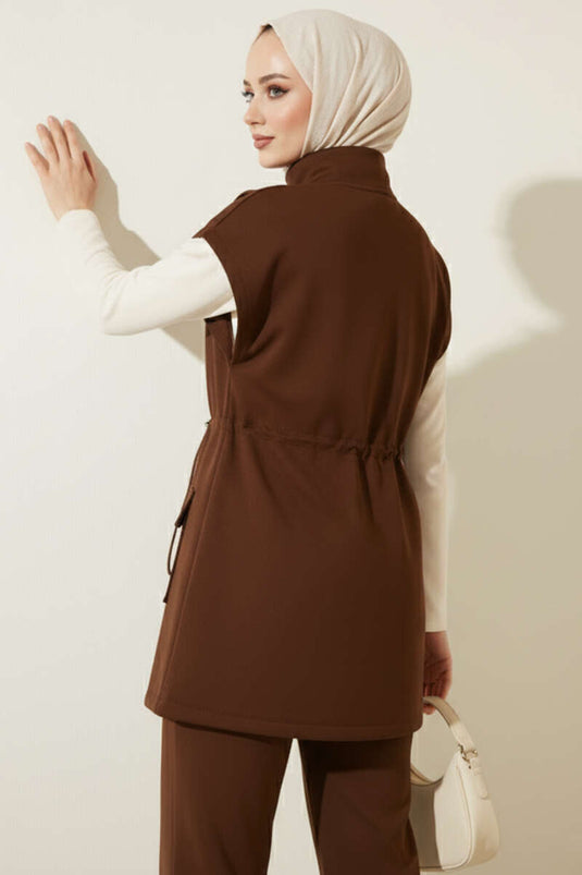 Belted Scuba Two-Piece Set In Coffee