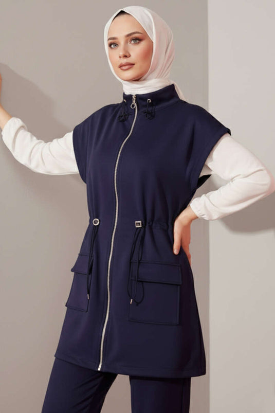 Belted Navy Scuba Two-Piece Set
