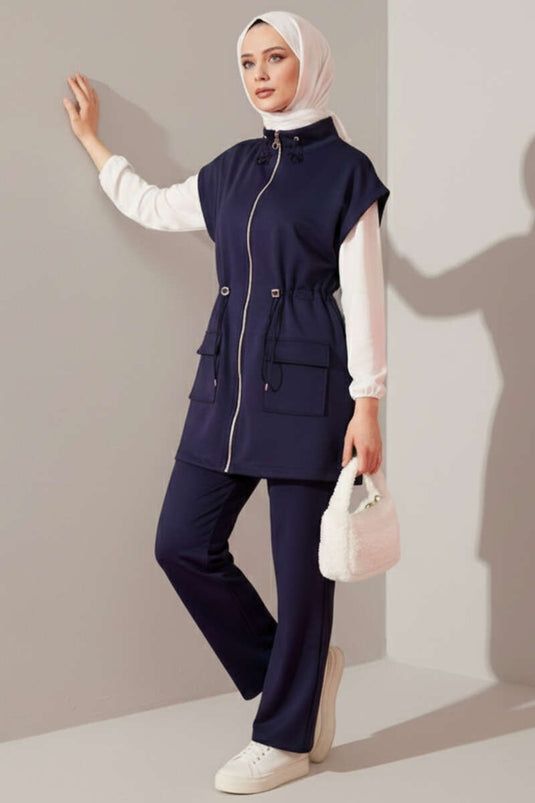 Belted Navy Scuba Two-Piece Set