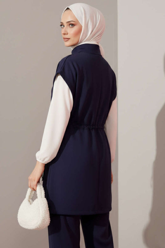 Belted Navy Scuba Two-Piece Set