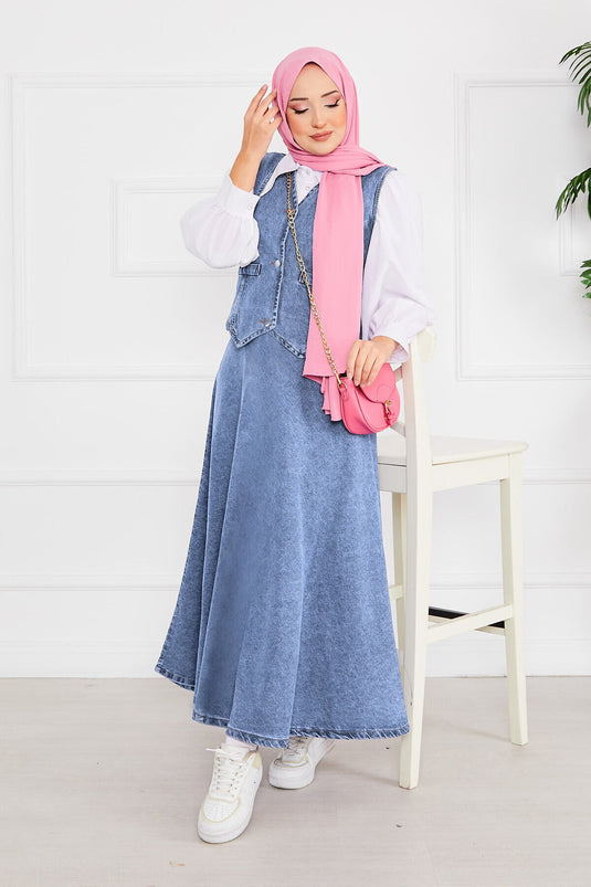 Vest and Skirt Hijab Denim Suit Light Blue