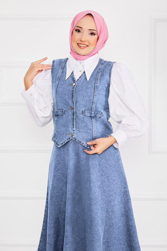 Yelekli Ve Etekli Tesettür Kot Takım Açık Mavi