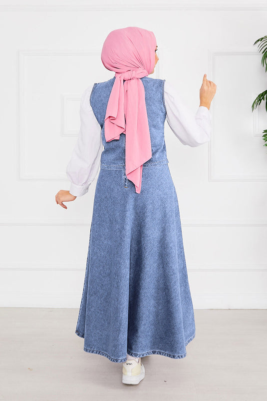 Vest and Skirt Hijab Denim Suit Light Blue