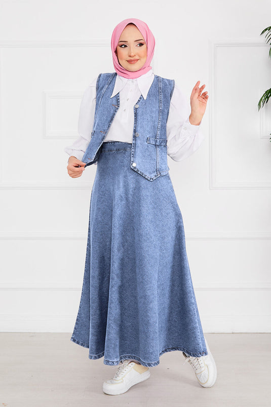 Vest and Skirt Hijab Denim Suit Light Blue
