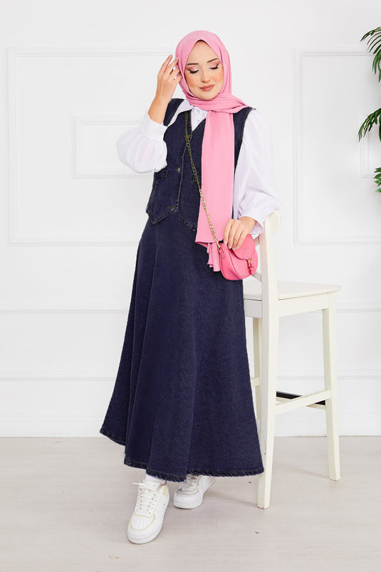 بدلة جينز للحجاب مع سترة وتنورة باللون الأزرق الداكن