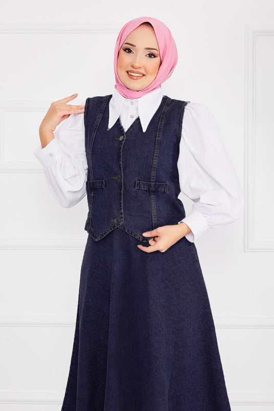 Yelekli Ve Etekli Tesettür Kot Takım Koyu Lacivert