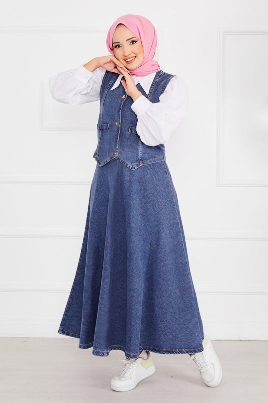 Vest and Skirt Hijab Denim Suit Blue
