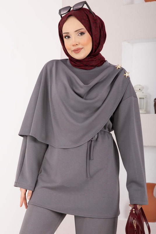Ensemble double voilé drapé avec accessoire étoile gris