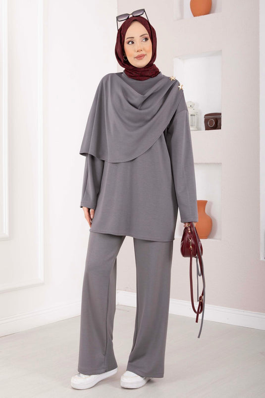 Ensemble double voilé drapé avec accessoire étoile gris