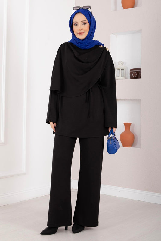 طقم ثنائي محتشم بتصميم درابي مزين بنجمة باللون الأسود