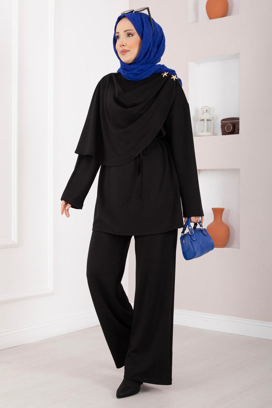 طقم ثنائي محتشم بتصميم درابي مزين بنجمة باللون الأسود