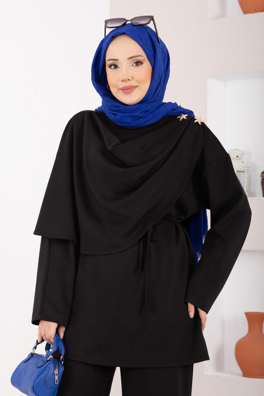 طقم ثنائي محتشم بتصميم درابي مزين بنجمة باللون الأسود