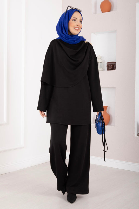 طقم ثنائي محتشم بتصميم درابي مزين بنجمة باللون الأسود