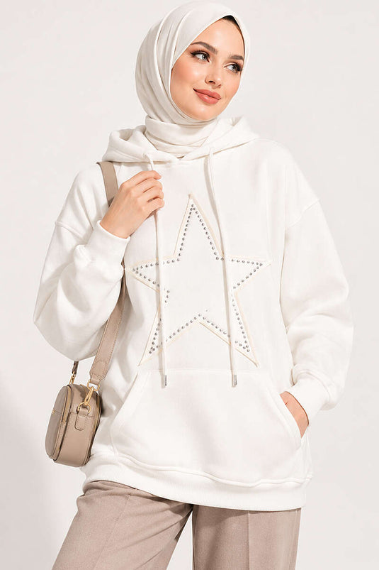 Star Embroidered Three-Thread Sweatshirt In Ecru