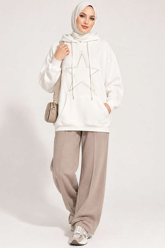 Star Embroidered Three-Thread Sweatshirt In Ecru