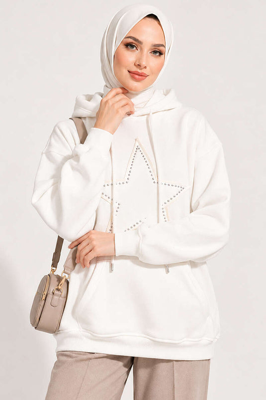 Star Embroidered Three-Thread Sweatshirt In Ecru