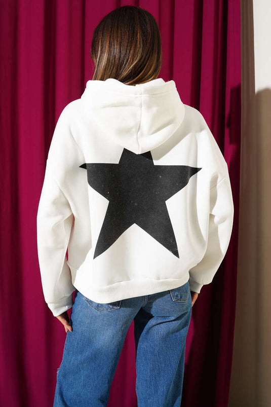 سويت شيرت صوف بغطاء رأس مطبوع عليه نجوم، لون بيج فاتح