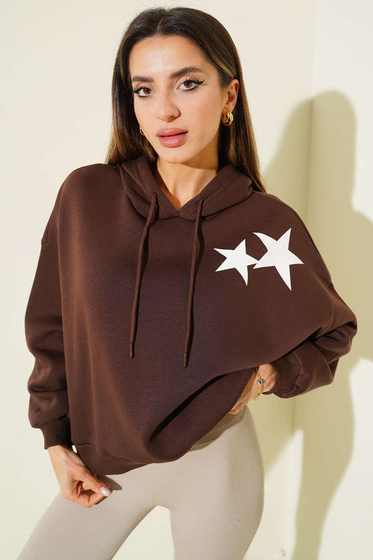 Fleece hoodie met sterrenprint, bruin
