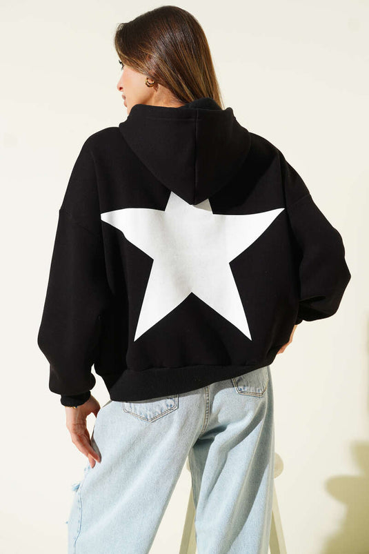 سويت شيرت أسود بغطاء رأس من الصوف بنقشة نجوم