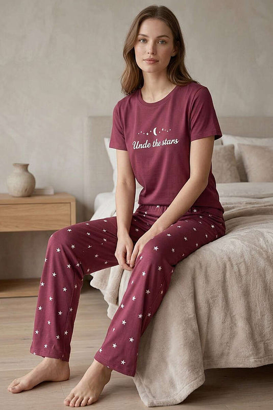 Ensemble pyjama à manches courtes imprimé étoiles couleur vieux rose