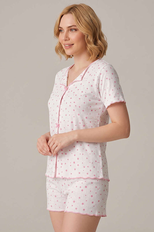 Yıldız Baskılı Kısa Kol Şortlu Pijama Takımı Pembe
