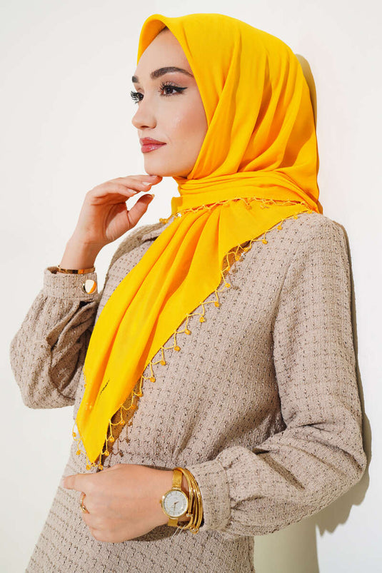 Yıldız Boncuklu Yazma Eşarp Hardal