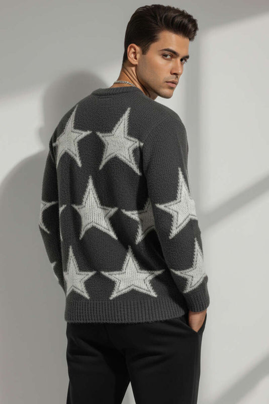 Star Pattern Knitted Men's Sweater Anthracite