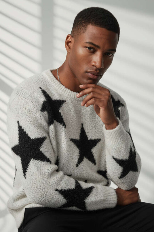 Star Pattern Knitted Men's Sweater Bone