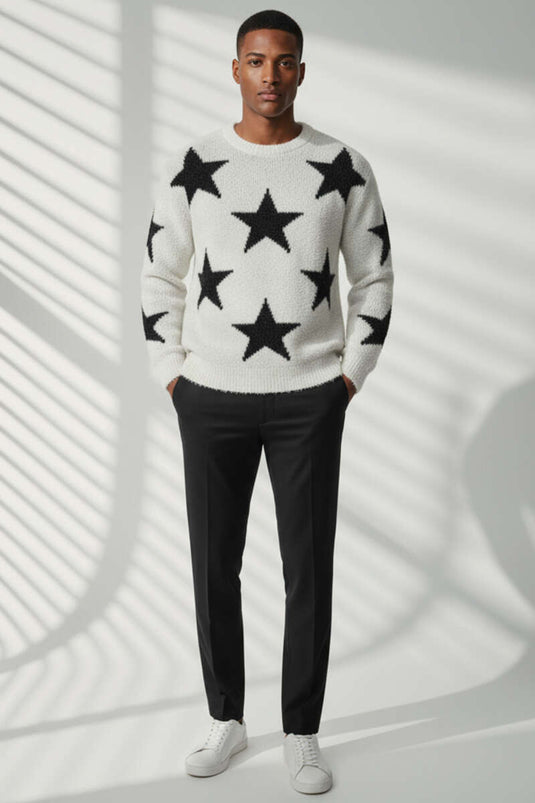 Star Pattern Knitted Men's Sweater Bone