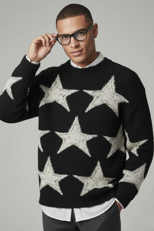 Star Pattern Knitted Men's Sweater, Black
