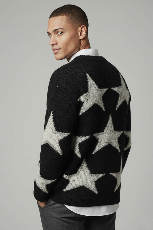 Star Pattern Knitted Men's Sweater, Black