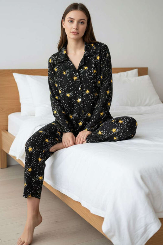 Star Patterned Buttoned Suede Pajama Set Black