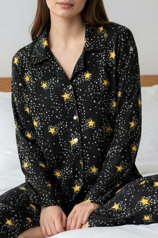 Star Patterned Buttoned Suede Pajama Set Black