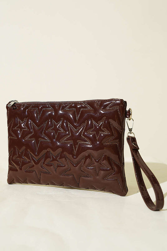 Sac zippé à couture étoile en cuir verni marron